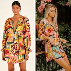 NEW Farm Rio Tropical Collage Linen-Blend Tunic Dress Resortwear Vacation Boho